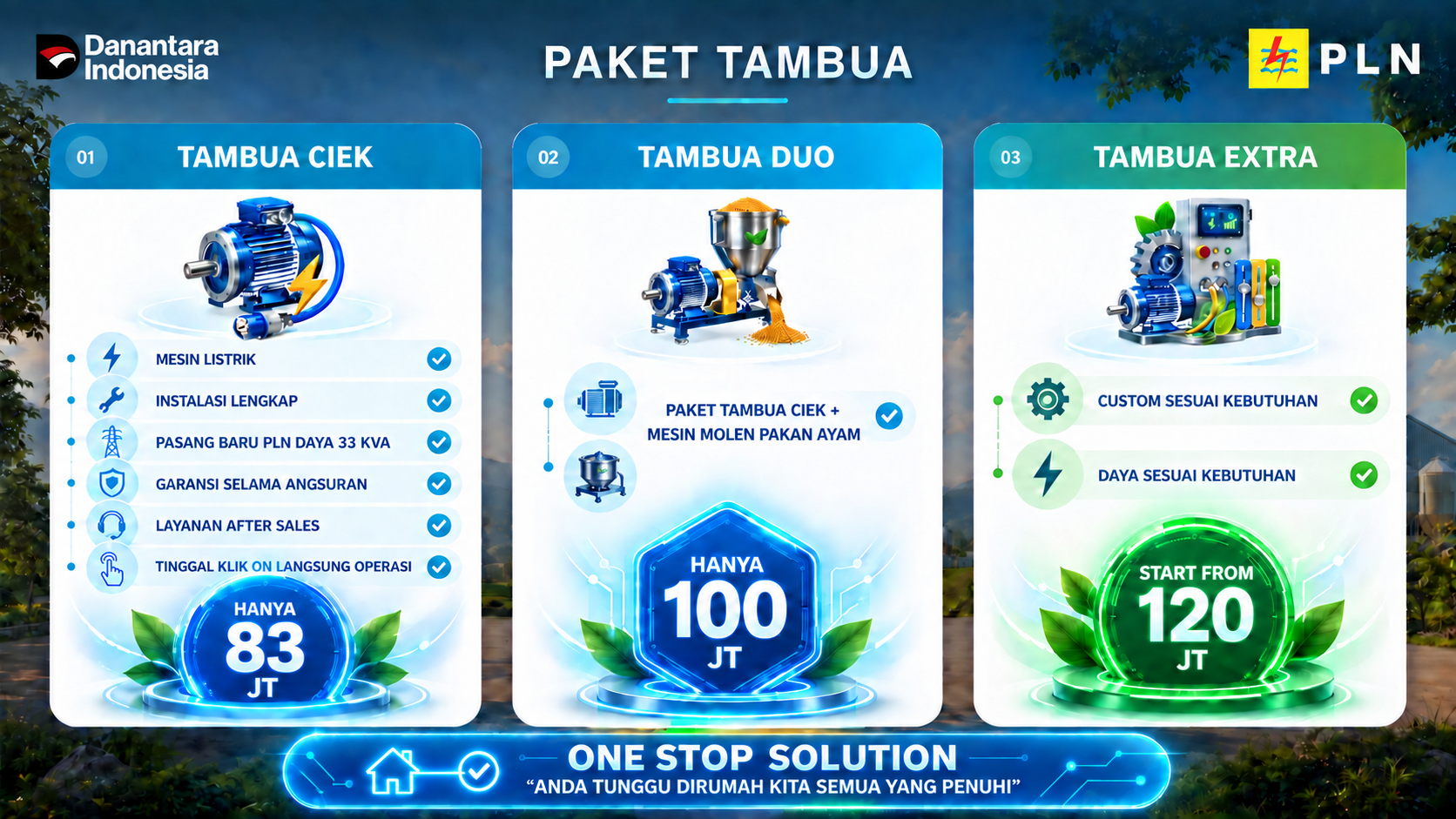 Paket Tambua: Ciek 83 juta, Duo 100 juta, Extra mulai 120 juta. One stop solution.